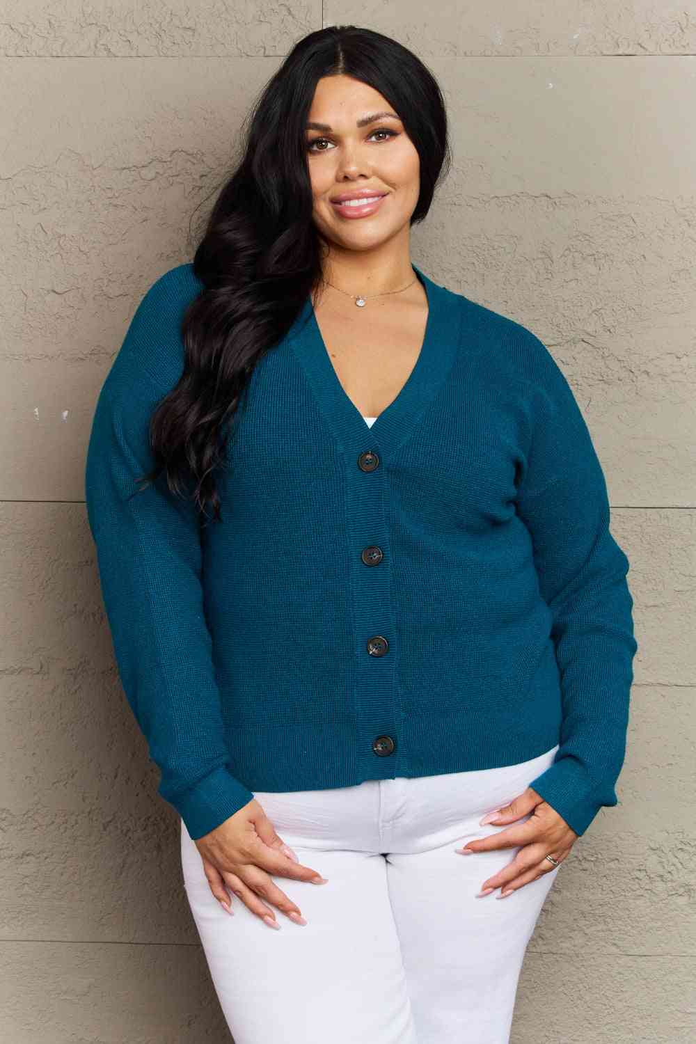 Zenana Kiss Me Tonight Full Size Button Down Cardigan in Teal