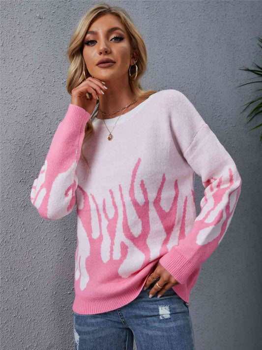 Printed Round Neck Long Sleeve Sweater