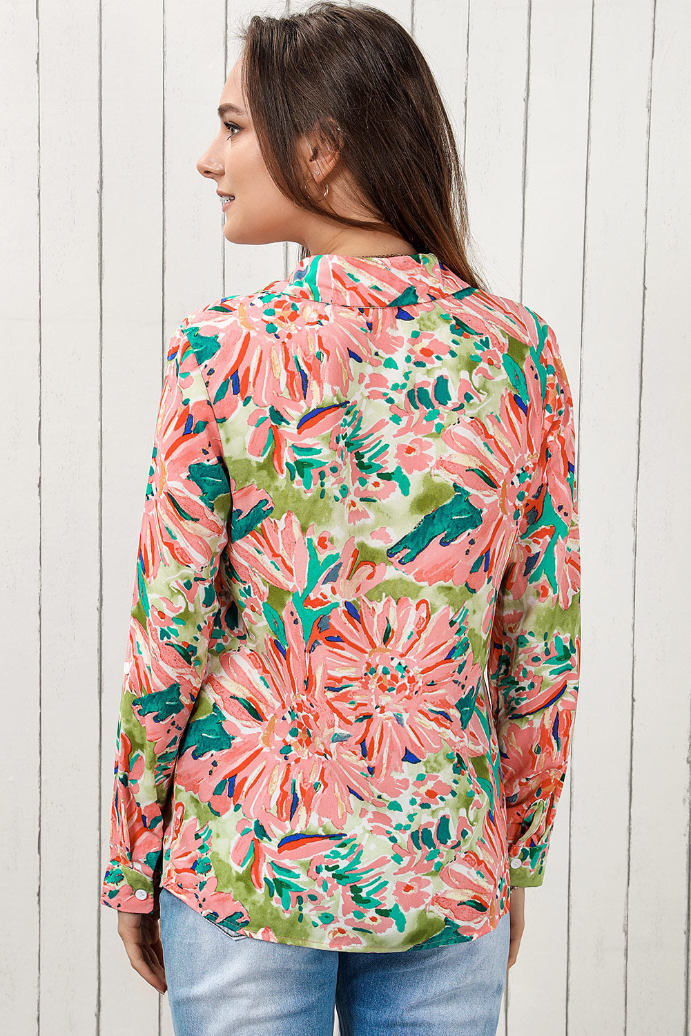 Double Take Pink or Peach Floral Long Sleeve Collared Shirt