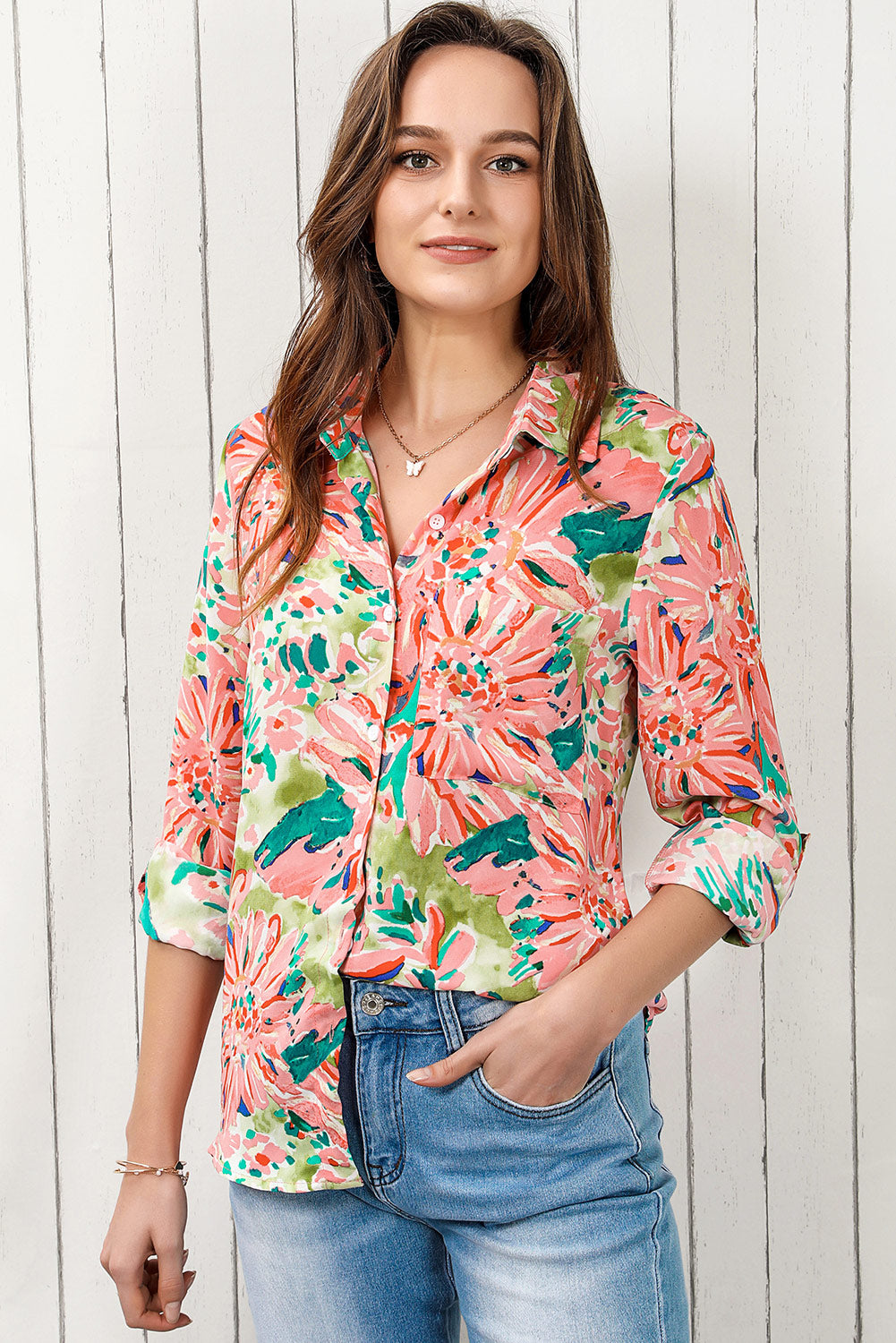 Double Take Pink or Peach Floral Long Sleeve Collared Shirt