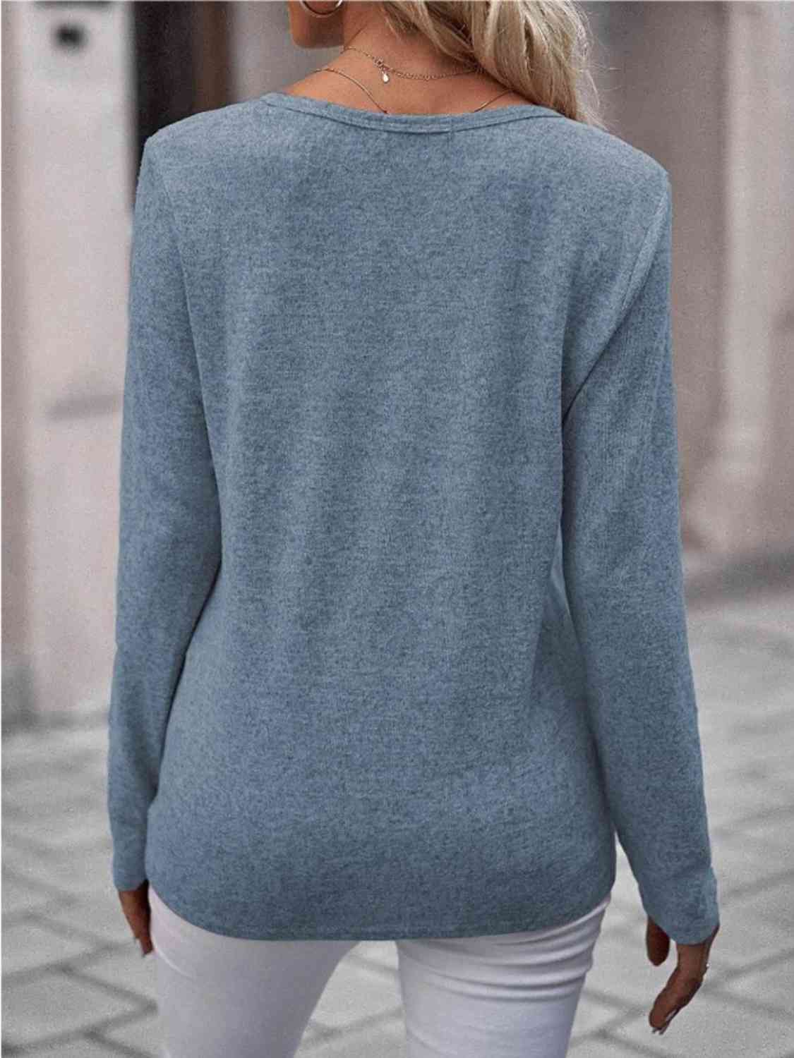 Round Neck Buttoned Long Sleeve T-Shirt