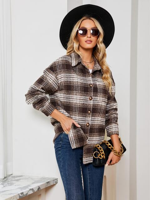 Women Casual Plaid Collared Button Down Long Sleeve Shirt Jacket