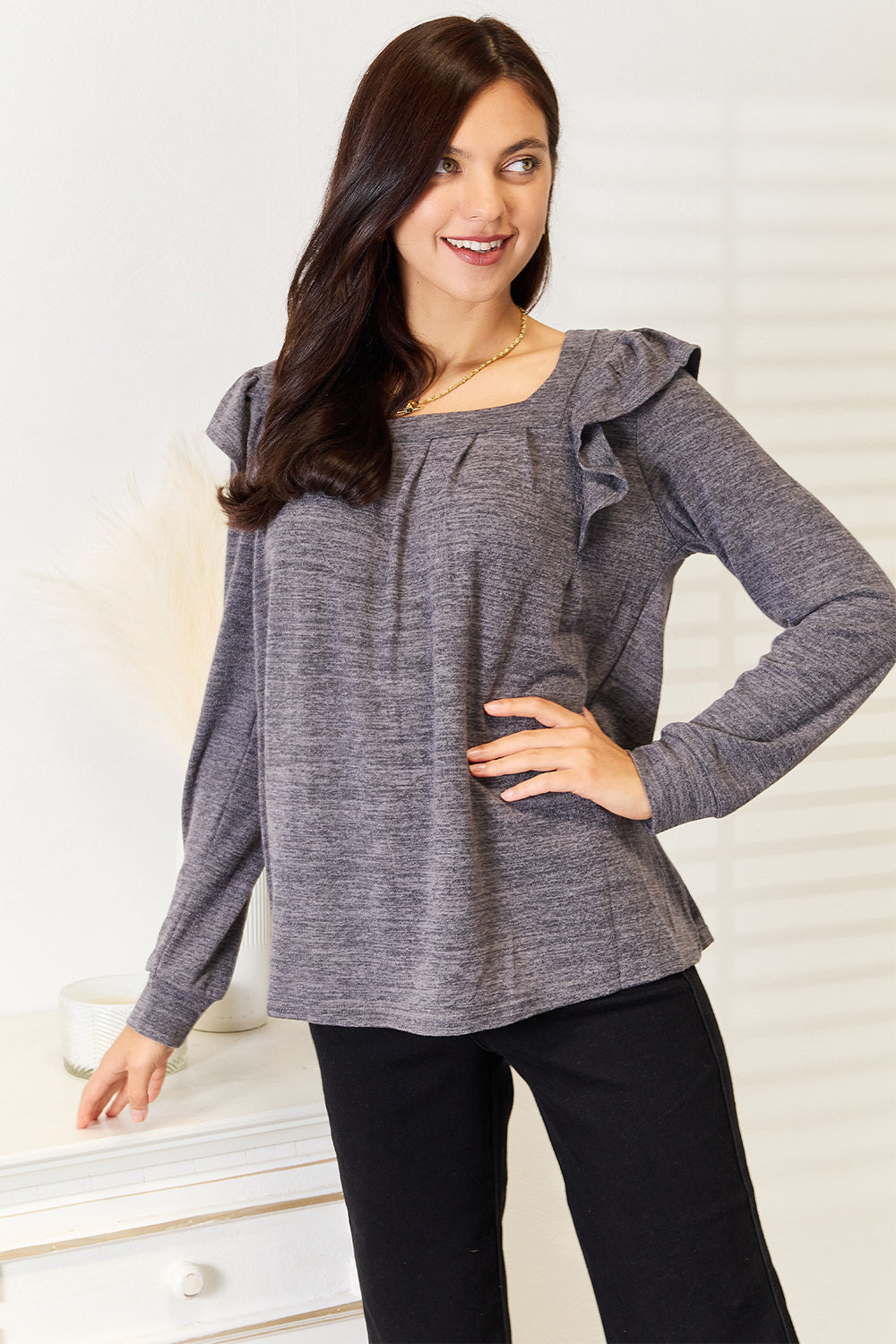 Square Neck Ruffle Shoulder Long Sleeve T-Shirt