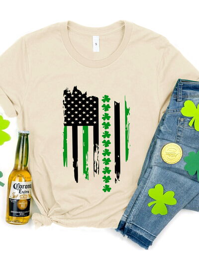 Lucky Clover Flag Graphic Round Neck Short Sleeve T-Shirt