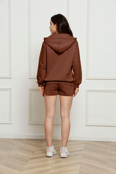 Zip Up Drawstring Hoodie and Shorts Set