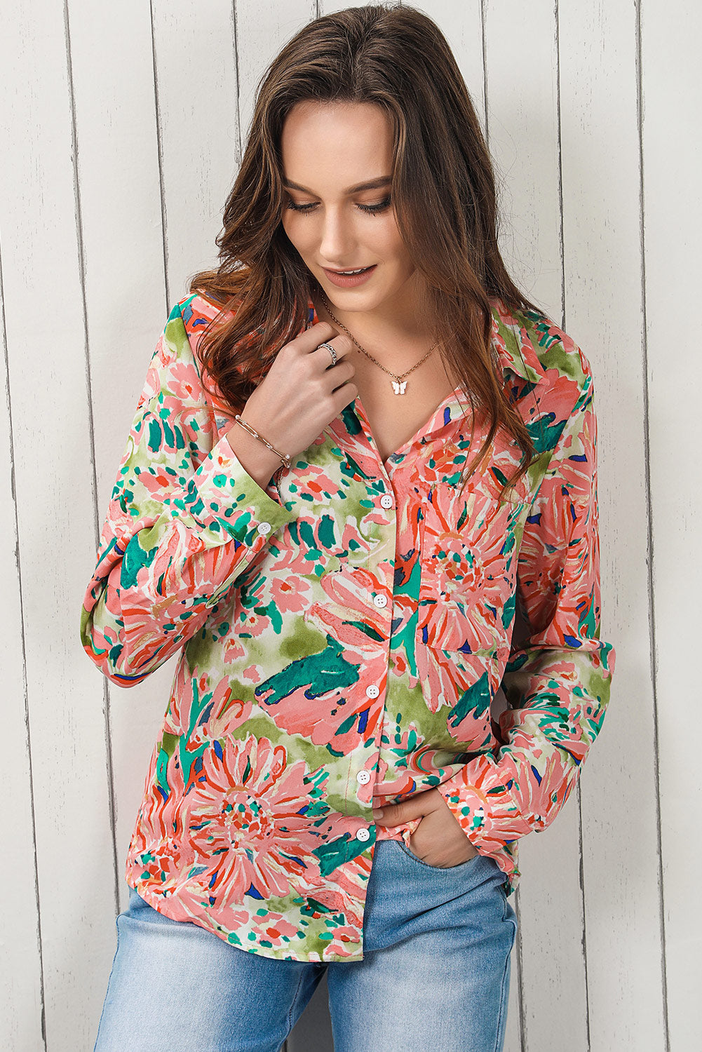 Double Take Pink or Peach Floral Long Sleeve Collared Shirt