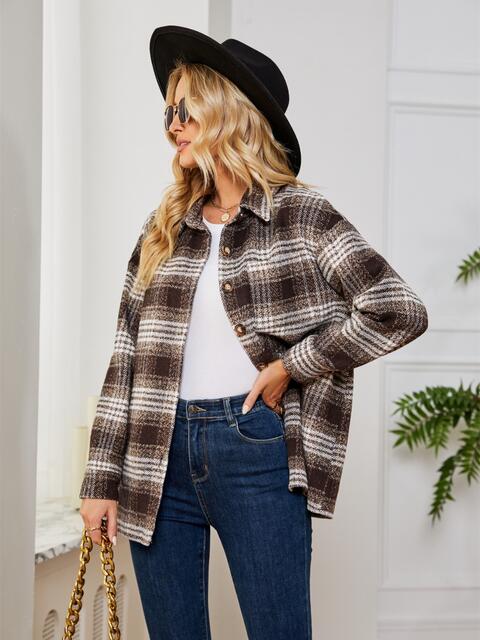 Women Casual Plaid Collared Button Down Long Sleeve Shirt Jacket