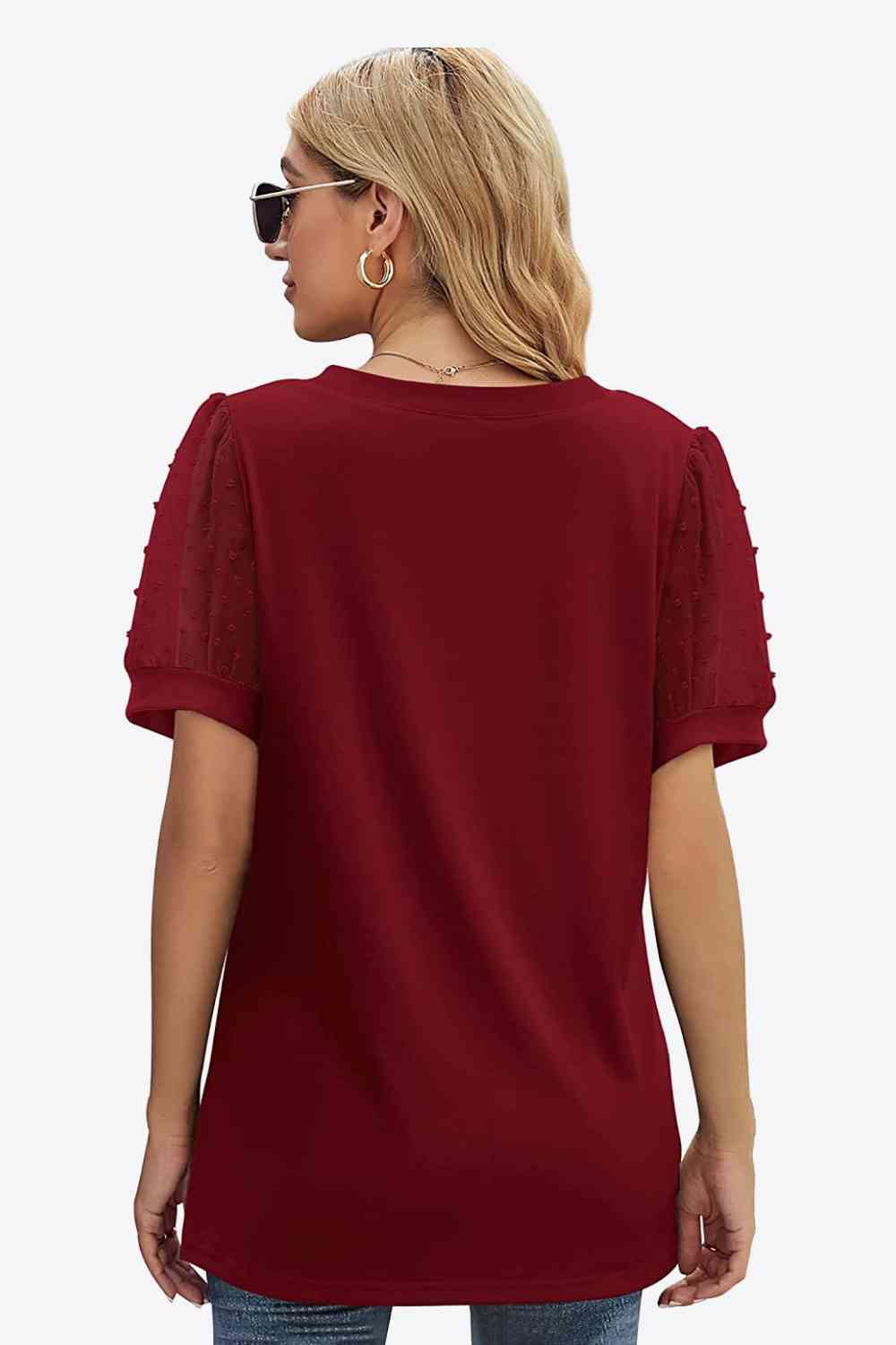 Swiss Dot Puff Sleeve V-Neck Tee