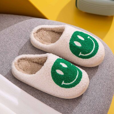 Melody White and Green Smiley Face Slippers